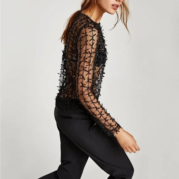 ZARA Sheer Bow Mesh Long Sleeve Crew Neck Layering Top in Size M HOLIDAY PARTY - Picture 2 of 6